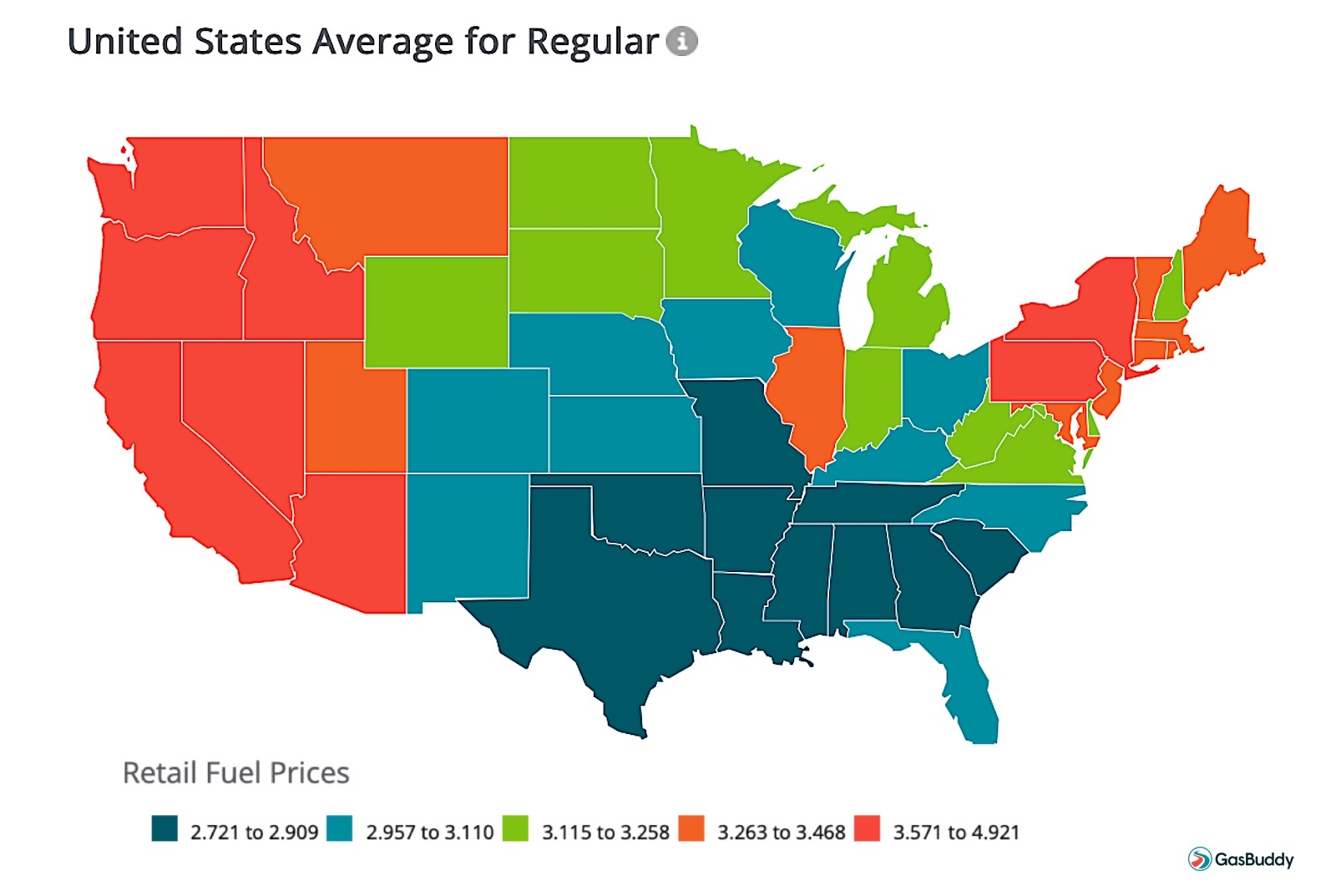 GasBuddy US map for avg regular price REL
