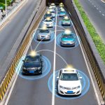 Smart car (HUD) , Autonomous self-driving mode vehicle on metro city road iot concept with graphic sensor radar signal system and internet sensor connect.