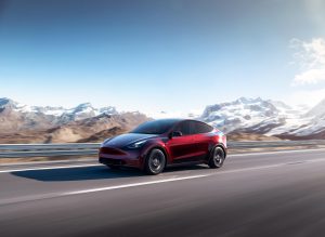 Tesla Model Y - front 3-4 mountains