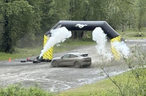 2024 Ford Mustang Mach-E Rally - gray sliding sideways at finish line