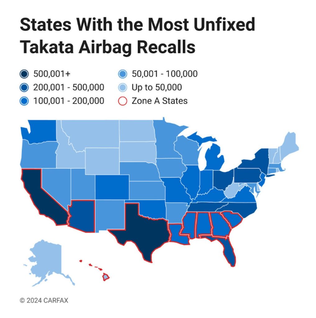 States with most unfixed Takata recalls graphic