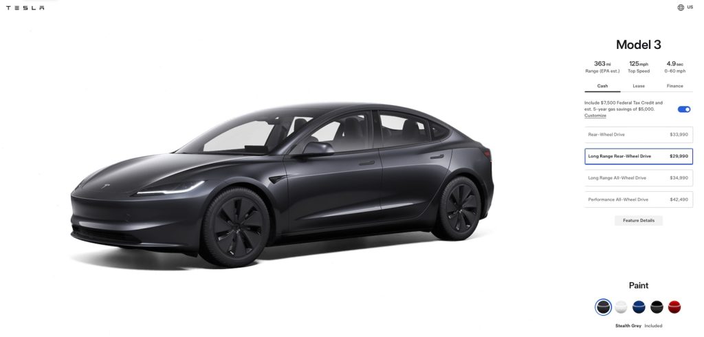 New long-range Tesla Model 3 order screen