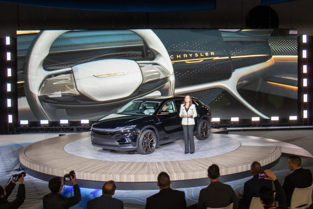 Chris Feuell, Chrysler Brand CEO - Stellantis, reveals the Chrysler Airflow Graphite Concept, a variation of the brand's all-electric Airflow Concept, at the 2022 New York International Auto Show on April 13, 2022.