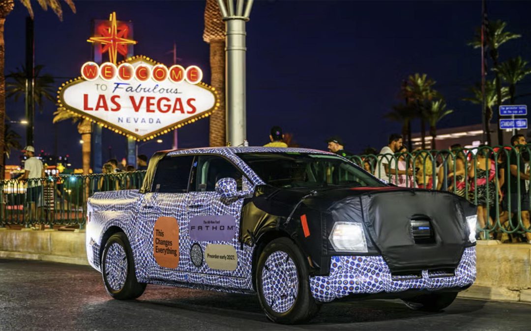 Ford Teases All-Electric Fathom Pickup Driving Down Las Vegas Strip