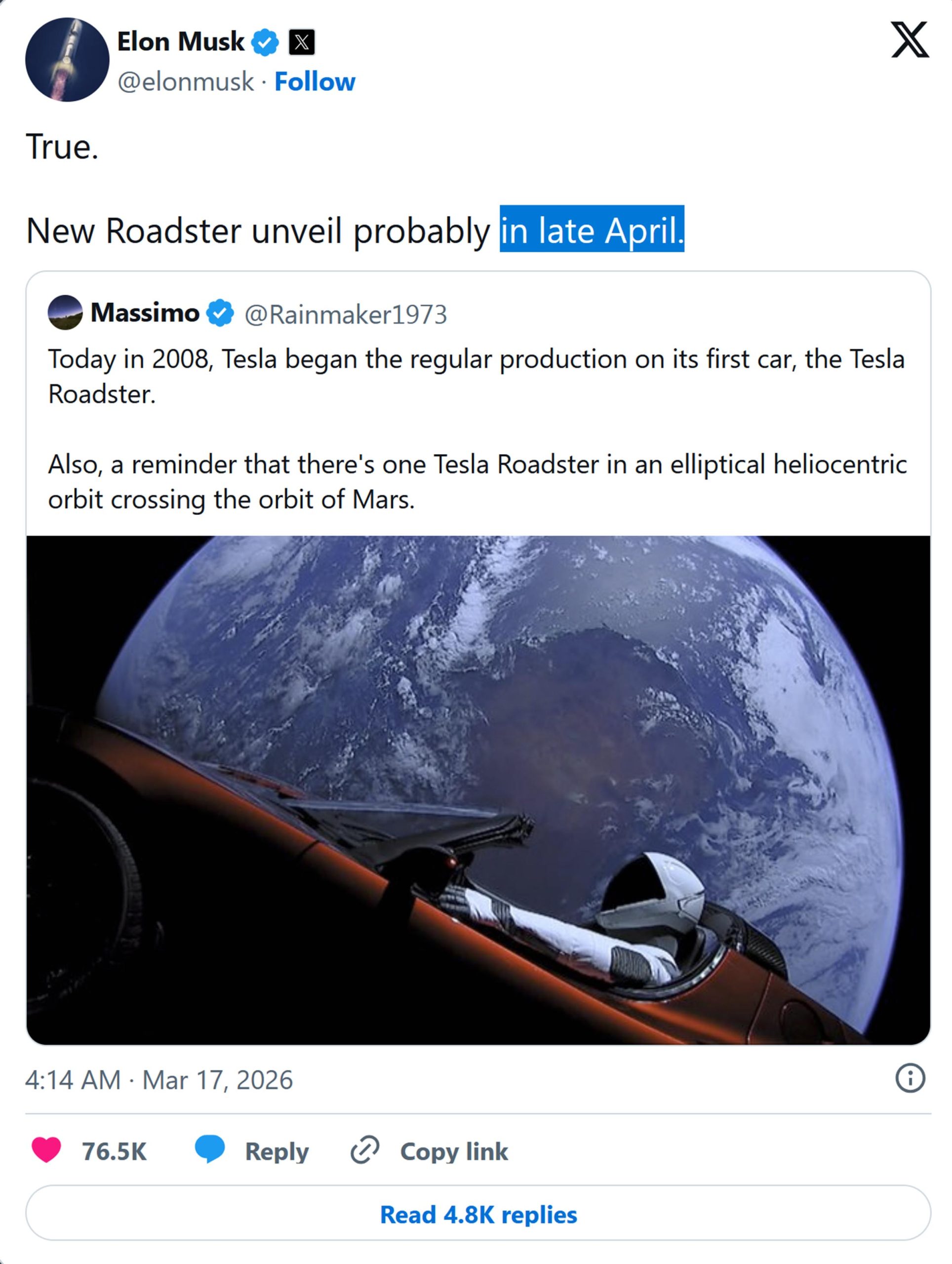 Tesla Roadster Debut Post – 3-17-26 Tesla Roadster Debut Post - 3-17-26